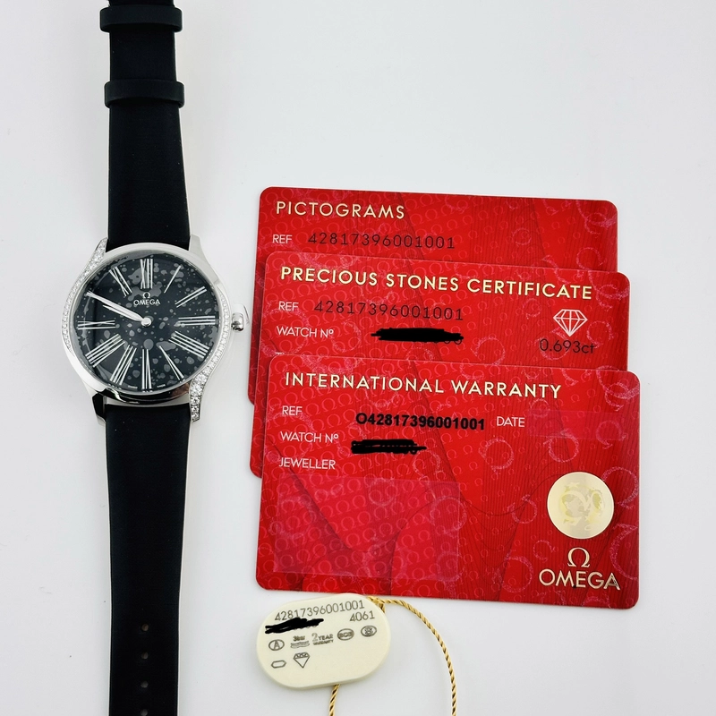 Omega De Ville Trésor Black Dial on Fabric Strap Ref. 428.17.39.60.01.001 Card Open Date view 9