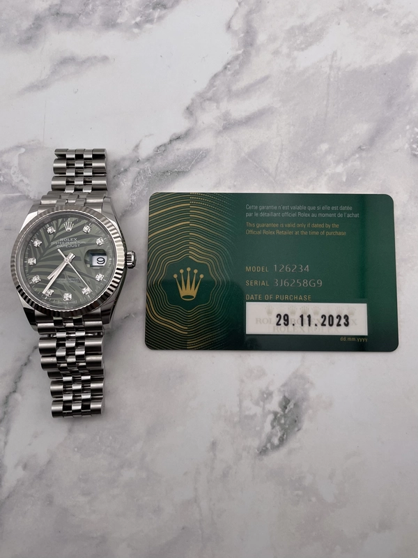 Rolex Datejust Olive Green Palm Motif Diamond 6 Dial on Jubilee Ref. 126234 Card 2023 view 7