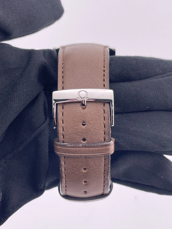 Omega Museum Silver Roman Numerals Dial on Brown Leather Strap Ref. 516.13.41.10.02.001 Complete Open Date view 3