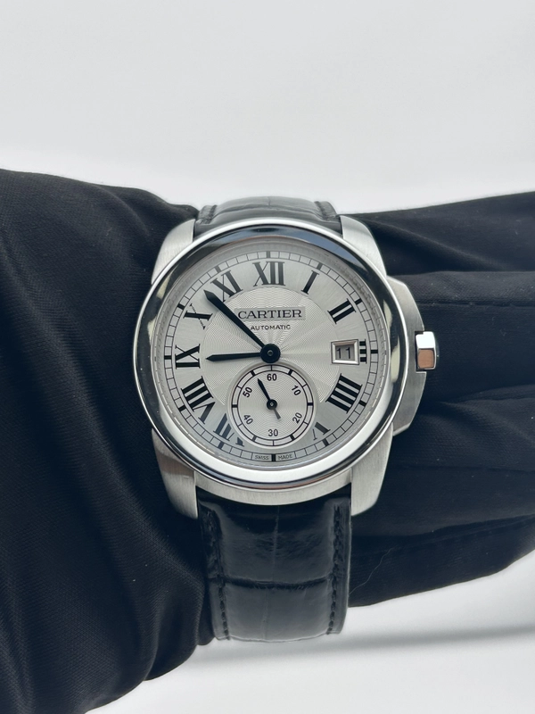Cartier Calibre De Cartier Silver Roman Numerals Dial on Black Leather Strap Ref. 35840 Card 2017 view 2