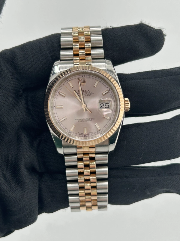 Rolex Datejust 36 Pink Champagne Stick Dial on Jubilee D Link Bracelet Ref. 116231 Papers 2005 view 2