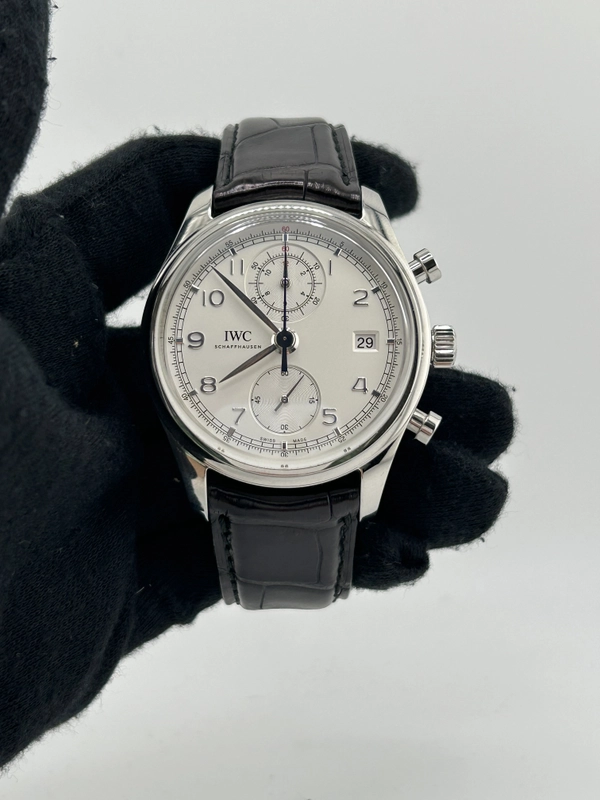 Iwc Portugieser Chronograph Classic Silver Dial on Black Leather Strap Ref. 1W390403 view 2