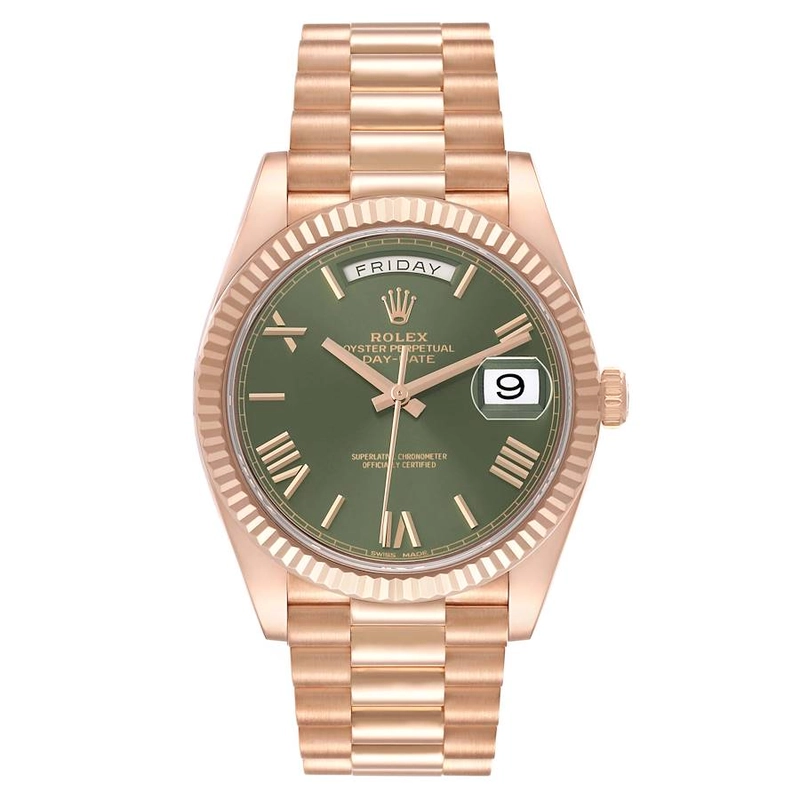 Rolex Day-Date Olive Green Roman Dial on President Bracelet Ref. 228235 Card 2021 — Saleh Jewelers