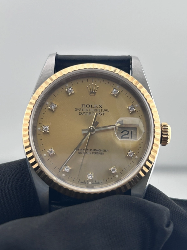 Rolex Datejust 36 Champagne Diamond Dial on Generic Black Leather Band Ref. 16013 view 2
