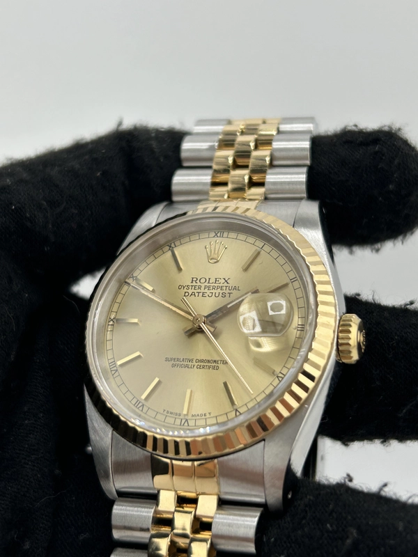 Rolex Datejust 36 Champagne Stick Dial on 2 Tone Jubilee D Link Bracelet Ref. 16233 1989 view 3