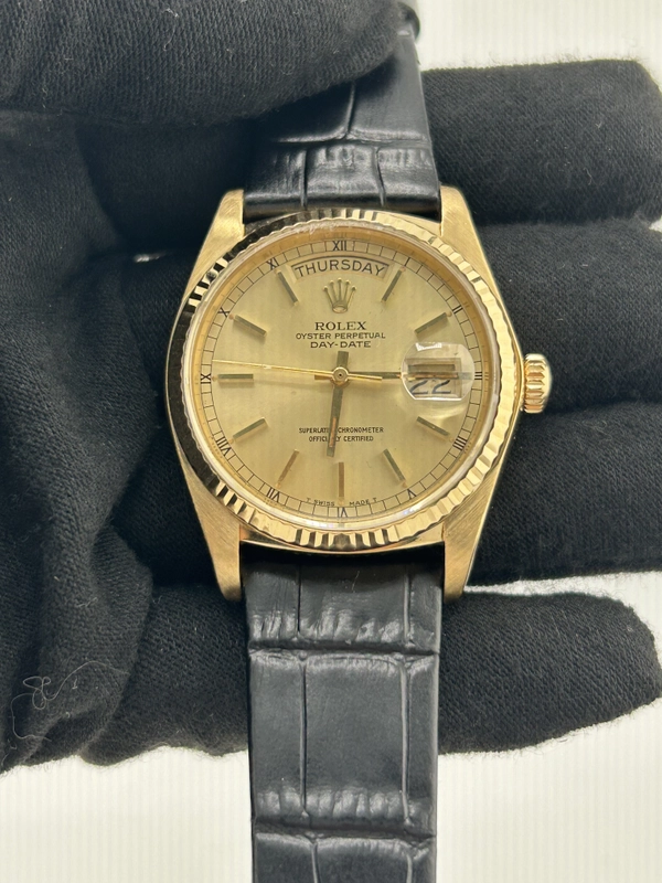 Rolex Day Date 36 Champagne Stick Dial on Generic Black Leather Strap Ref. 18038 1984 view 2