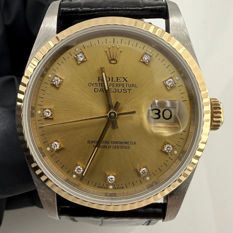 Rolex Datejust Champagne Diamond Factory Dial on Generic Black Leather Band Ref. 16233G 1993 view 2