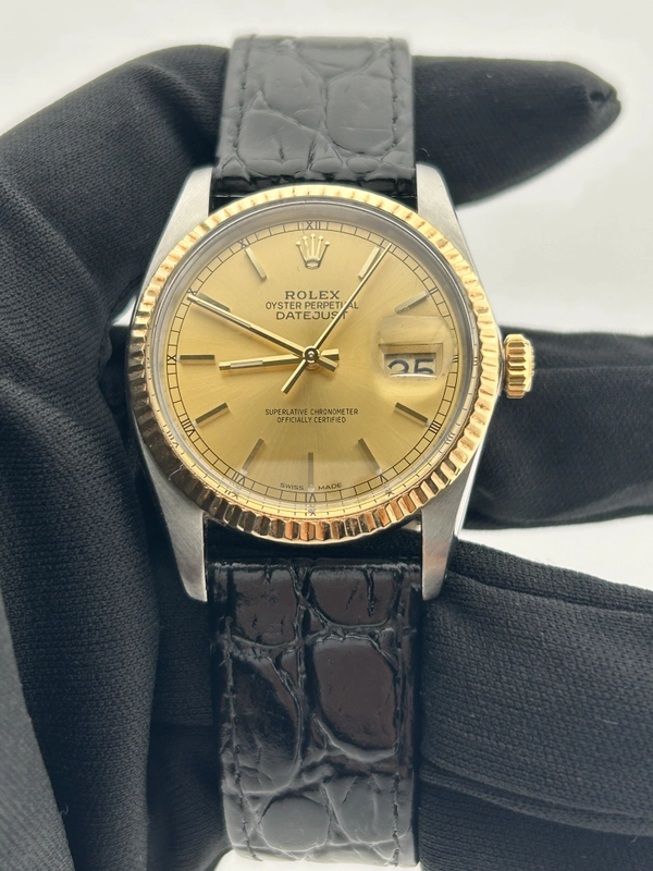 Rolex Datejust 36 Champagne Stick Dial on Generic Black Leather Band Ref. 16013 1981 view 2
