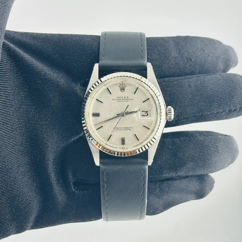 Rolex Datejust Silver Linen Stick Dial on Generic Leather Band Ref. 1601 1970
