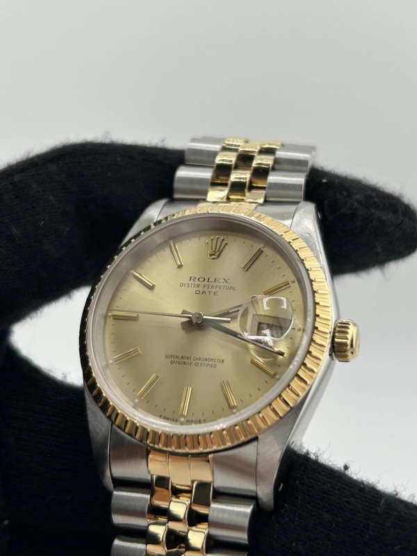 Rolex Oyster Perpetual Date Champagne Stick Dial on 2 Tone Jubilee D Link Bracelet Ref. 15223 1989 view 3