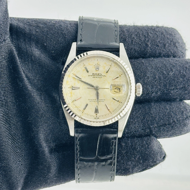 Rolex Datejust Silver Stick / Has Spots, Faded Dial on Generic Leather Band Ref. 6605 view 2