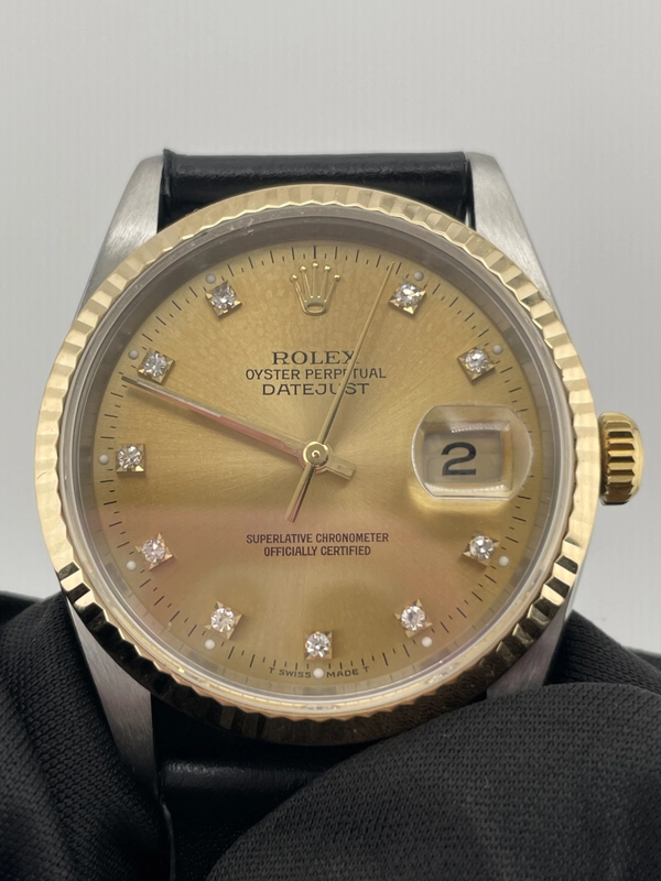Rolex Datejust 36 Champagne Diamond Dial on Generic Black Leather Band Ref. 16233 1993 view 3