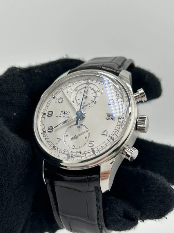 Iwc Portugieser Chronograph Classic Silver Dial on Black Leather Strap Ref. 1W390403 view 3