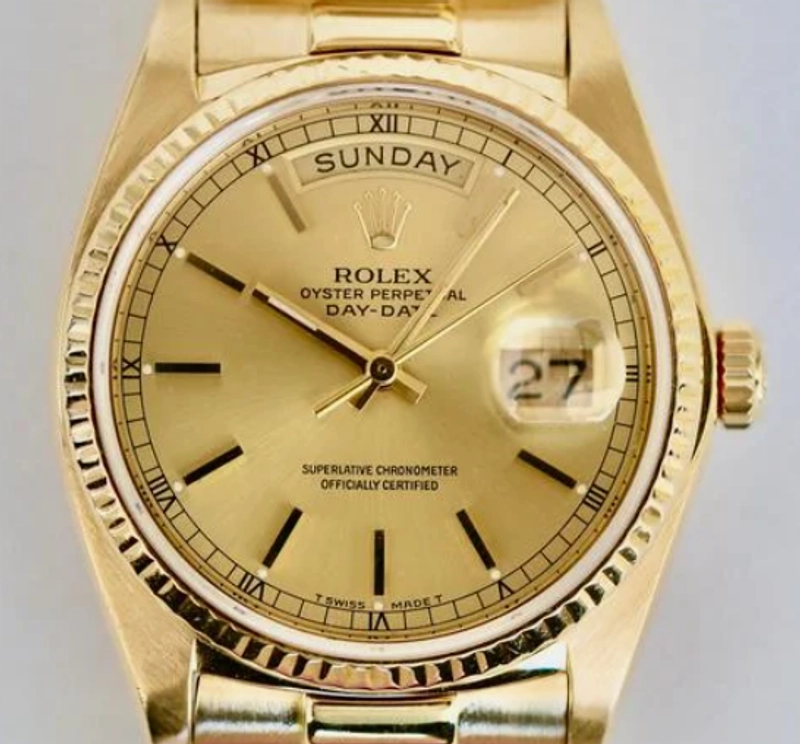 Rolex Day Date 36 Champagne Stick Dial on Generic Black Leather Strap Ref. 18038 1984