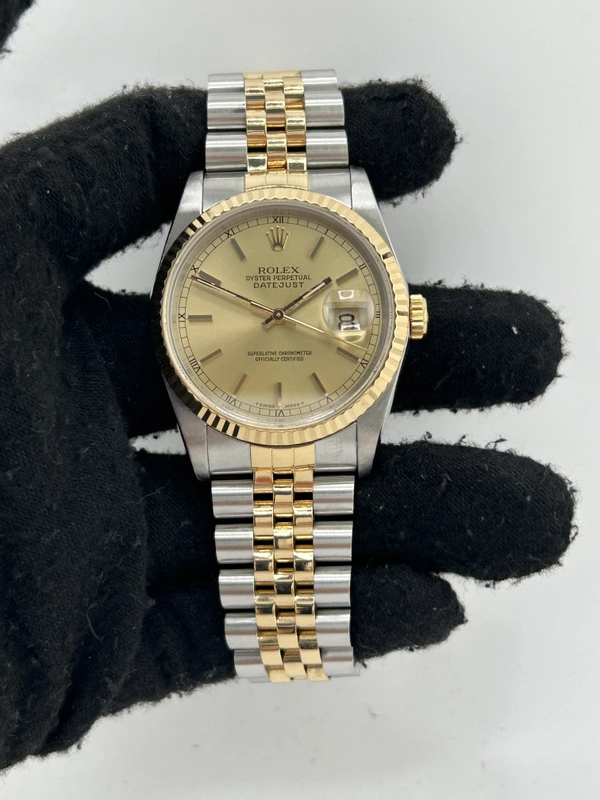 Rolex Datejust 36 Champagne Stick Dial on 2 Tone Jubilee D Link Bracelet Ref. 16233 1989 view 2