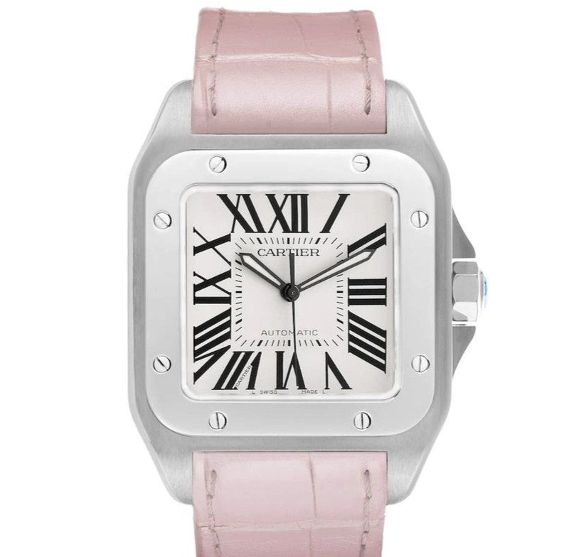 Cartier Santos 100 Silvere Opaline Roman Numeral Dial on Pink Leather Band Ref. W20126X8 Card 2017 — Saleh Jewelers