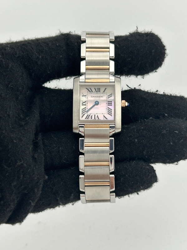 Cartier Tank Francaise Pink Mop / Roman Numerals Dial on 2 Tone Rose Gold & Stainless Steel Bracelet Ref. W51027Q4 Papers 2009 view 2