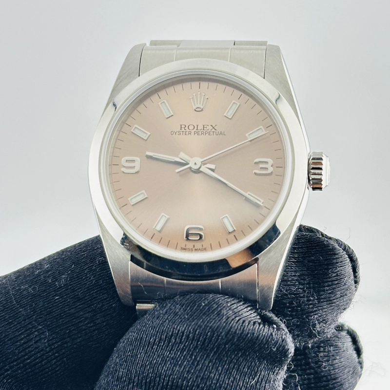 Rolex Oyster Perpetual Salmon / Arabic 3,6.9 Dial on Oyster Bracelet Ref. 77080 Papers 2002 view 3
