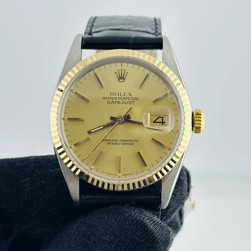 Rolex Datejust Champagne Stick Dial on Generic Leather Band Ref. 16013 1987 view 2