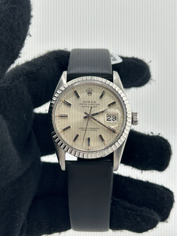 Rolex Datejust 36 Silver Stick Dial on Generic Black Leather Strap Ref. 16030 1981
