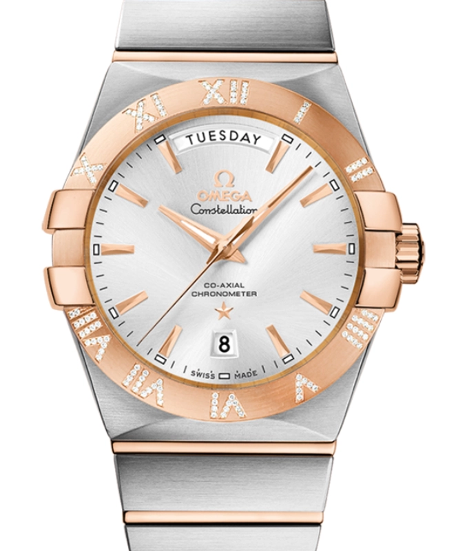 Omega Constellation Day/Date Silver Dial on Stainless Steel And Red Gold Bracelet Ref. 123.25.38.22.02.001 Complete 2018
