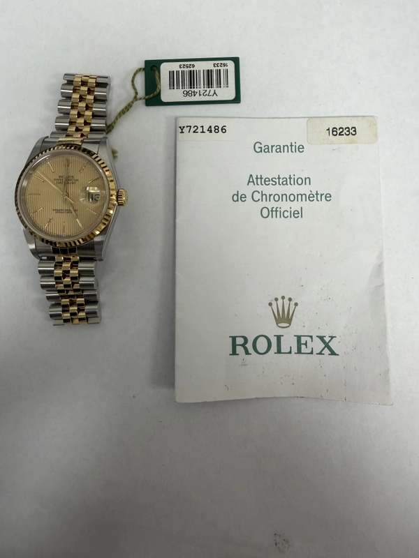 Rolex Datejust 36 Gold Tapestry Stick Dial on Jubilee Ref. 16233 Papers 2004 view 6