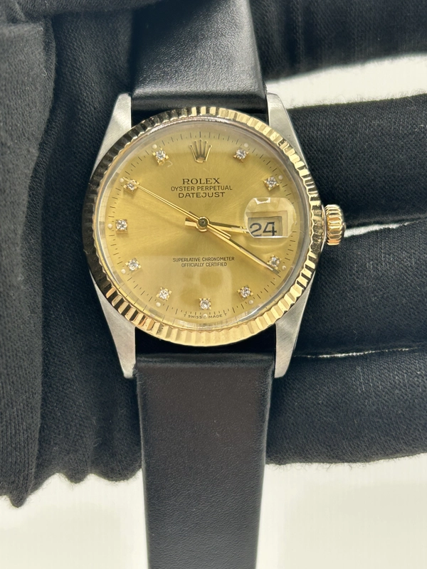 Rolex Datejust 36 Champagne Diamond Dial on Generic Black Leather Strap Ref. 16013 1987 view 2