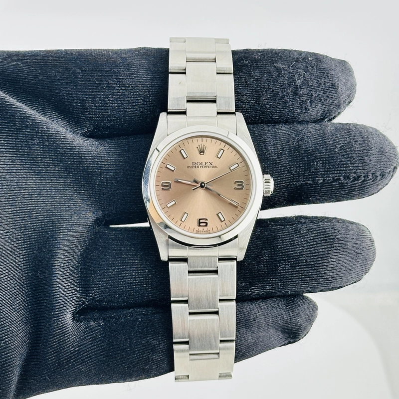 Rolex Oyster Perpetual Salmon / Arabic 3,6.9 Dial on Oyster Bracelet Ref. 77080 Papers 2002 view 2