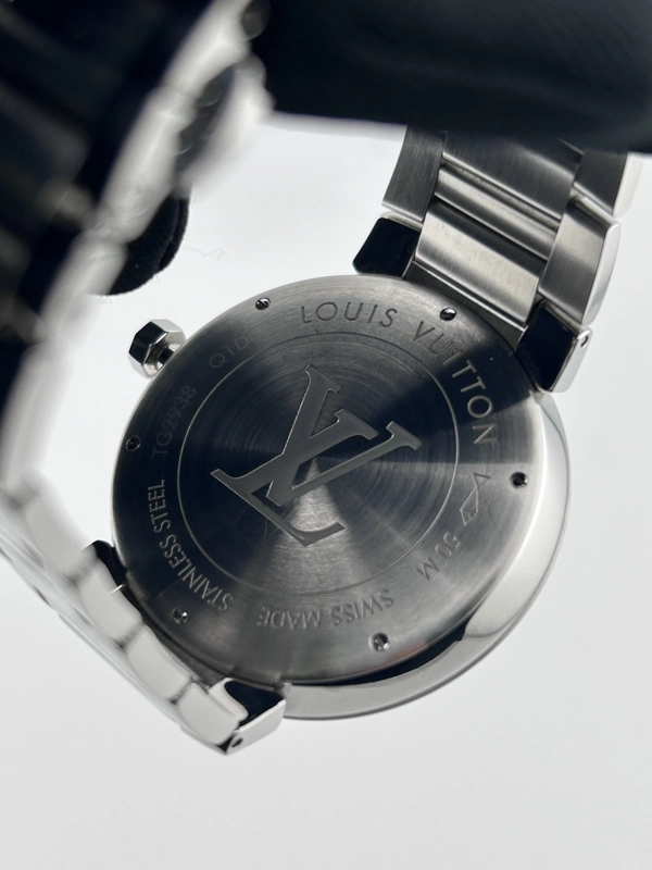 Louis Vuitton Tambour Damier Date Black Dial on Stainless Steel Bracelet Ref. Q1D00 Complete 2015 view 4