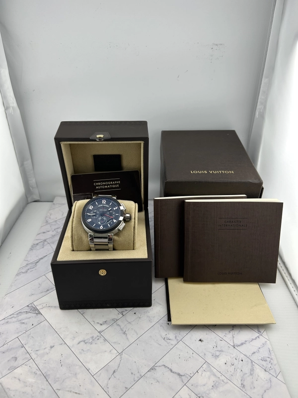 Louis Vuitton Tambour Chronograph GMT Black Dial on Stainless Steel Bracelet Ref. Q1052 Papers 2016 view 7