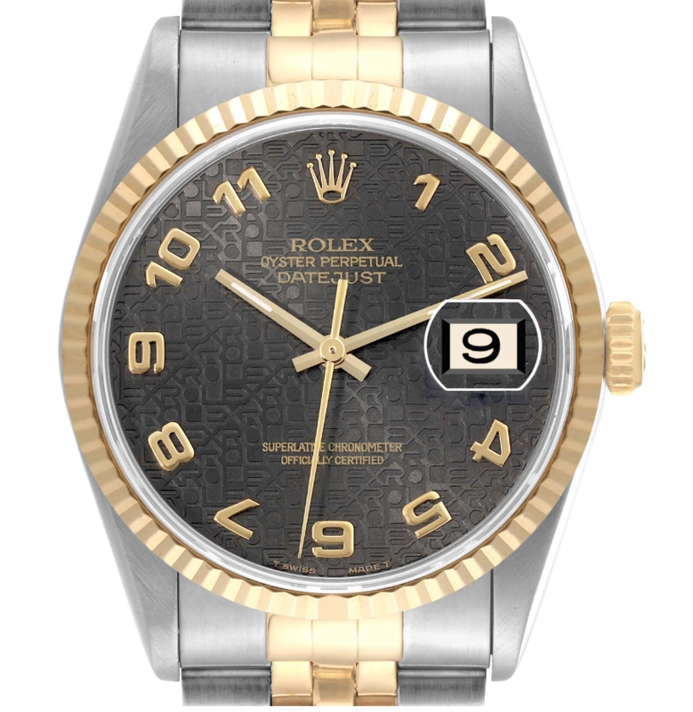 Rolex Datejust Black Anniversary Dial Dial on 2 Tone Jubilee D Link Ref. 16233 Papers 1995