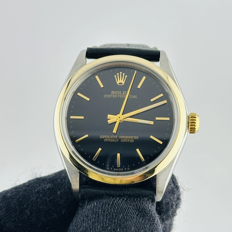 Rolex Oyster Perpetual Black / Gold Stick Sigma Dial on Generic Leather Band Ref. 1002 1978 view 3