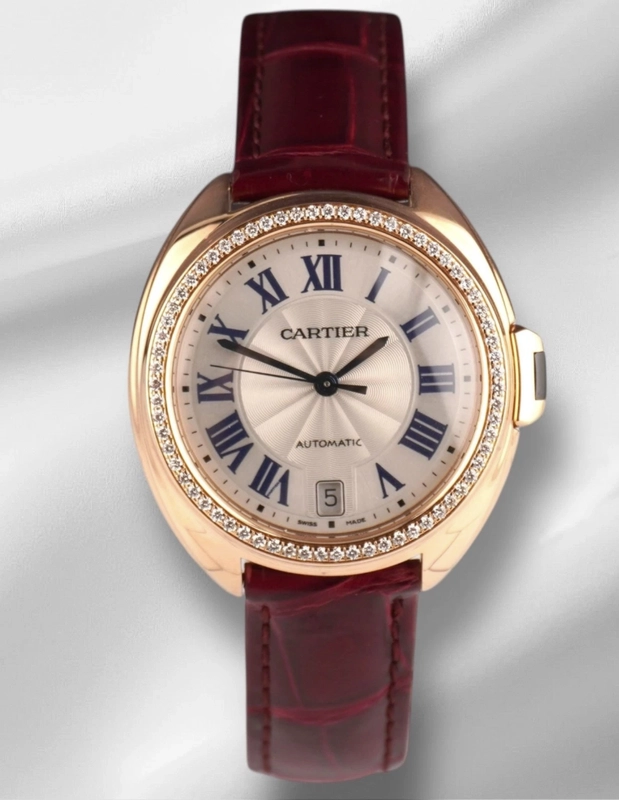 Cartier Cle Silver Roman Dial on Maroon Leather Ref. 3854 Papers 2019