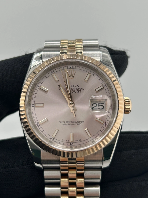 Rolex Datejust 36 Pink Champagne Stick Dial on Jubilee D Link Bracelet Ref. 116231 Papers 2005 view 3