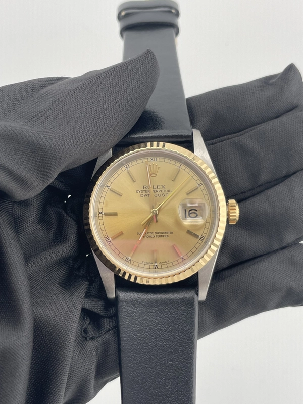 Rolex Datejust 36 Champagne Stick Dial on Generic Black Leather Band Ref. 16233 1996 view 2