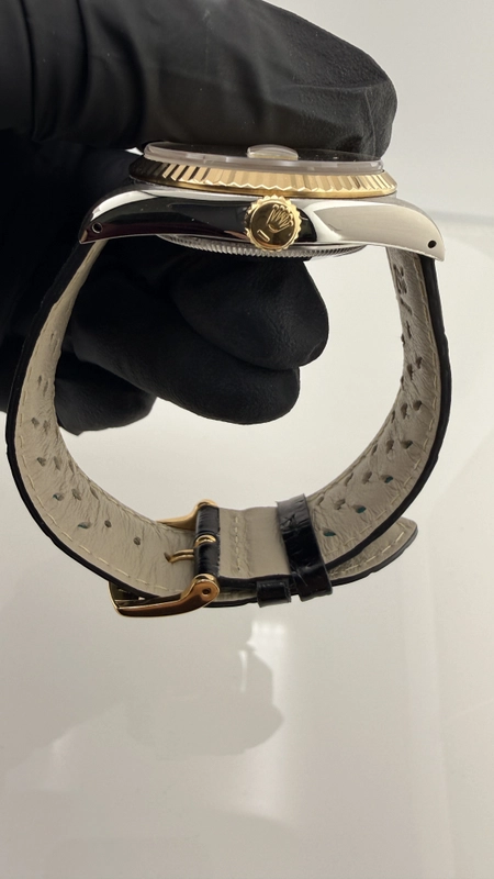 Rolex Datejust Champagne Diamond Factory Dial on Generic Black Leather Band Ref. 16233G 1993 view 3