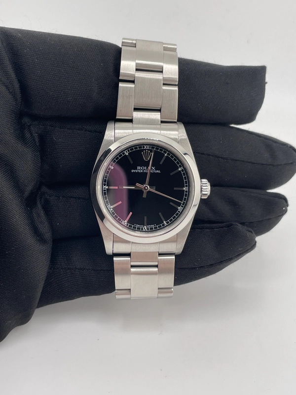 Rolex Oyster Perpetual Black Stick Dial on Oyster Steel Bracelet Ref. 77080 1999 view 3