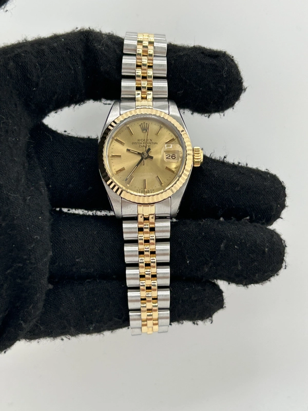 Rolex Date Champagne Stick Dial on 2 Tone Jubilee D Link Bracelet Ref. 6917 1983 view 2