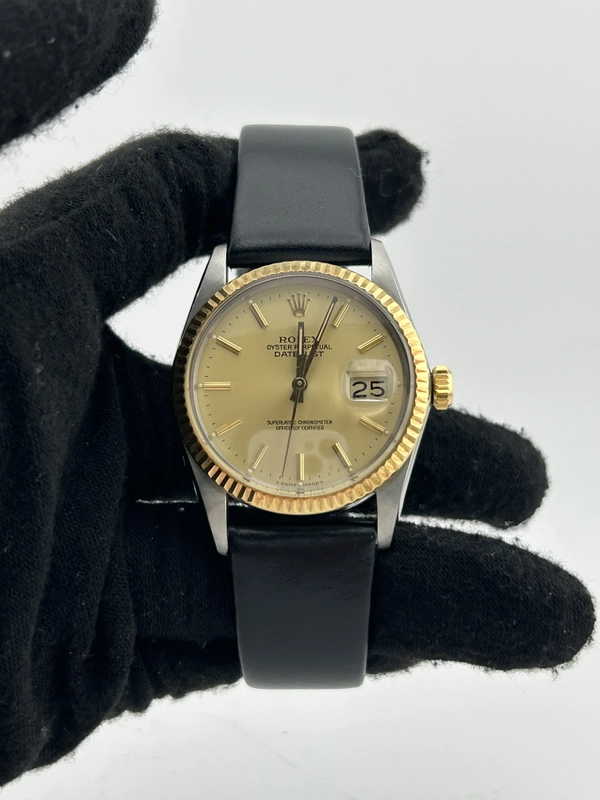 Rolex Datejust 36 Champagne Index Dial on Generic Black Leather Band Ref. 16013 1988