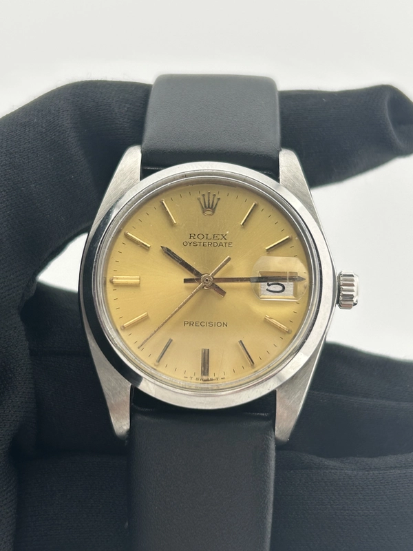 Rolex Oysterdate Precision Gold Dial on Generic Black Leather Strap Ref. 6694 1983 view 2