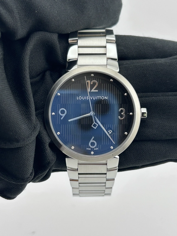 Louis Vuitton Tambour Damier Date Black Dial on Stainless Steel Bracelet Ref. Q1D00 Complete 2015 view 2