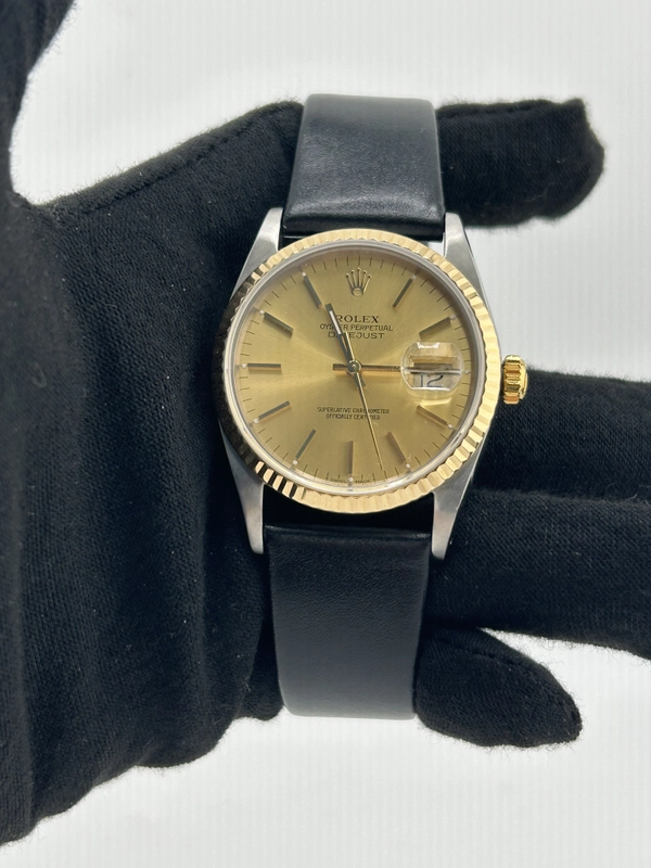 Rolex Datejust Champagne Stick Dial on Generic Black Leather Strap Ref. 16233 1993 view 2