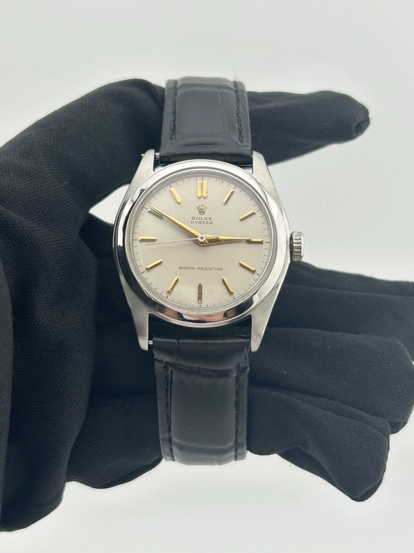 Rolex Oyster Ivory Dial on Generic Black Leather Band Ref. 6082 1962