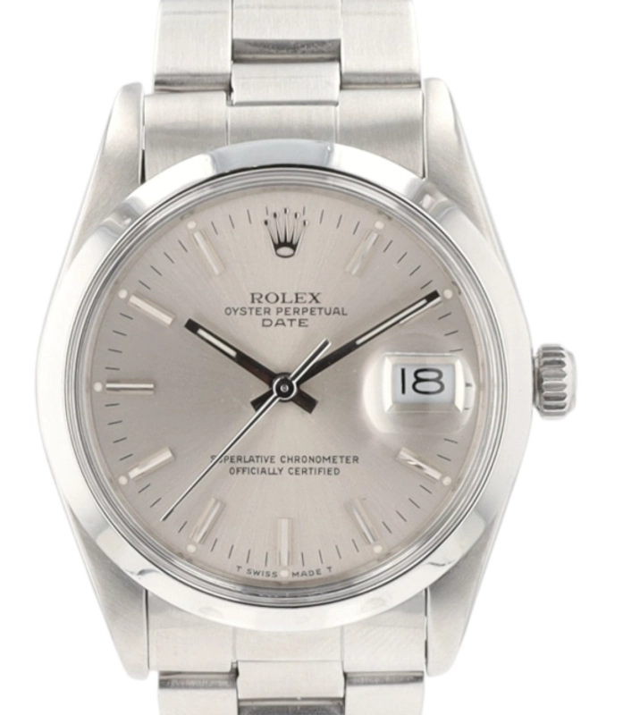Rolex Oyster Perpetual Date Silver Stick Dial on Oyster Steel Bracelet Ref. 15000 1988