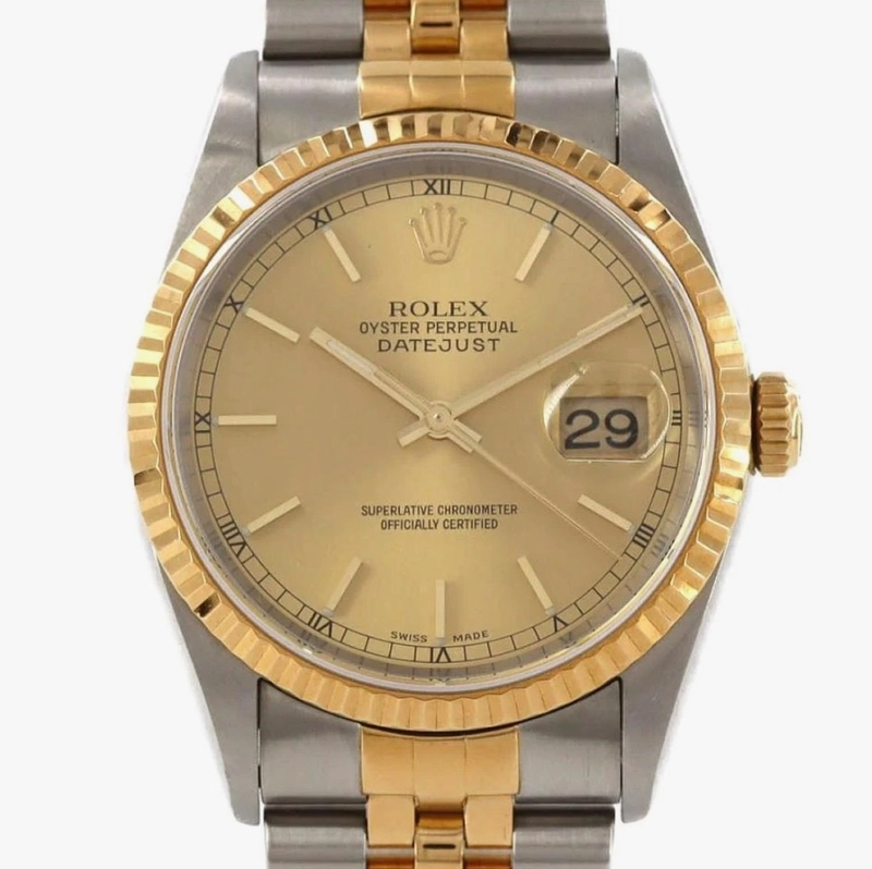 Rolex Datejust 36 Champagne Stick Dial on Generic Black Leather Band Ref. 16233 1995